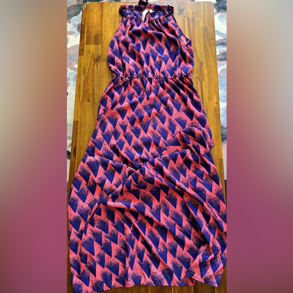 Alya Pink and Blue Geometric Pattern Maxi Dress